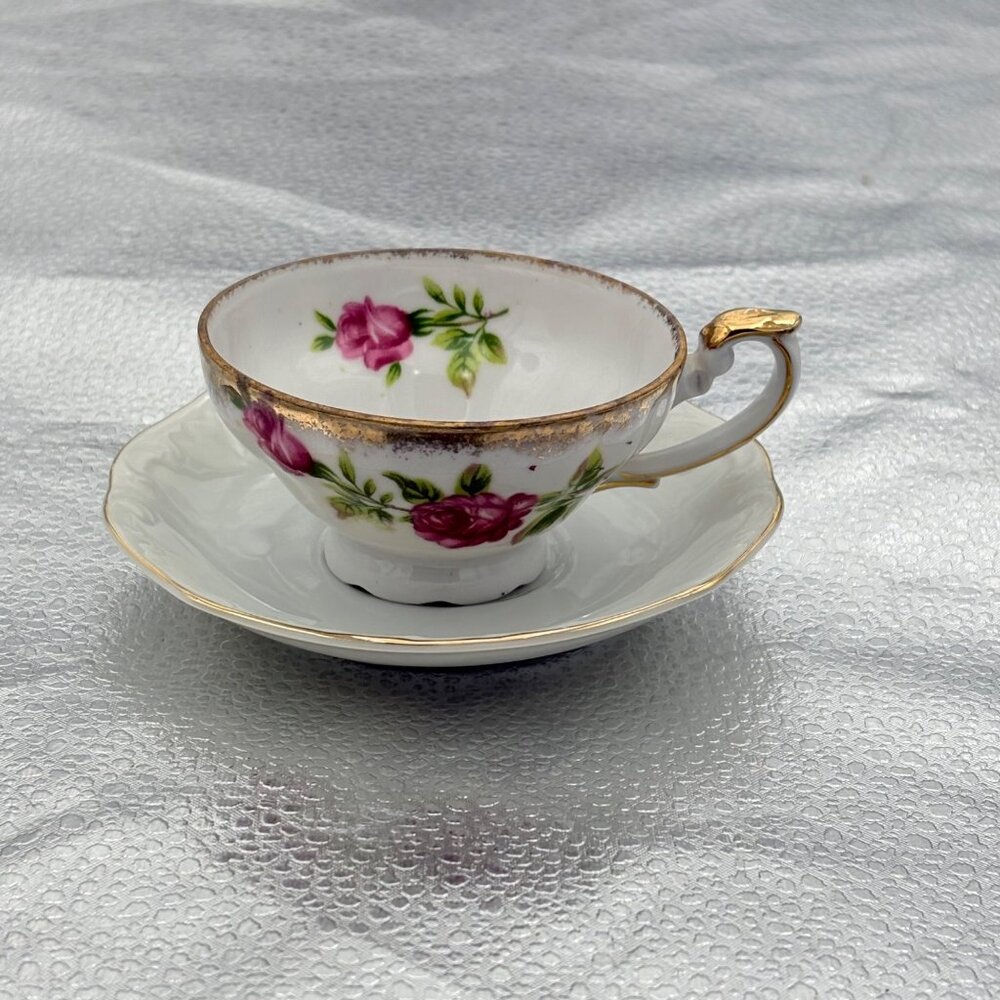 VTG Bone China Teacup Saucer Set Gold Trim Pink Rose Romantic Floral‎ High Tea